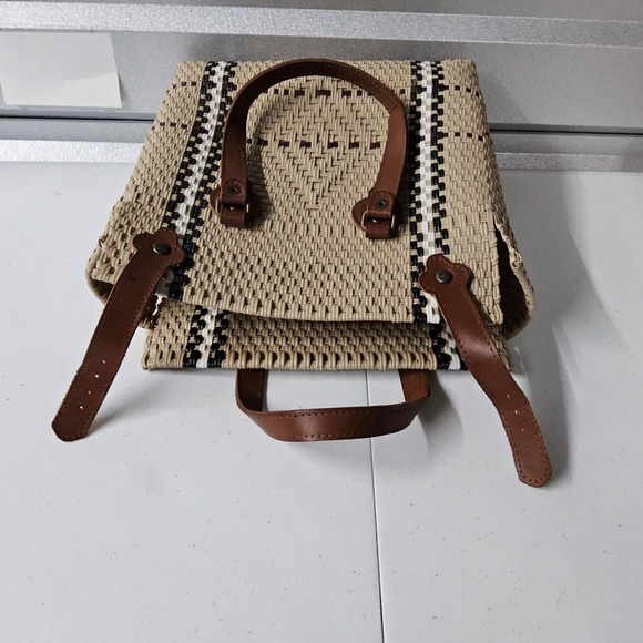 Handmade Woven Straw Handbag Purse Top Handle Satchel Bag Beige Brown Medium MX - Picture 3 of 14